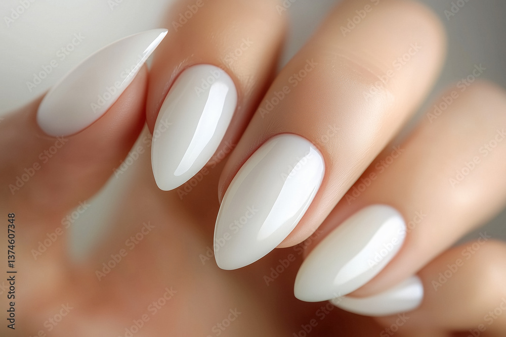 Close-up of a hand with long, almond-shaped white nails.