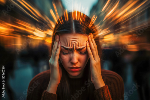 Obraz na płótnie Close-up of a woman with a severe headache, holding her temples against a background of blurred, radiating light streaks. w salonie
