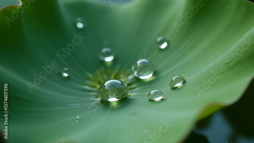Water droplets bead into perfect spheres on lotus leaf showcasing nature's original self-cleaning surface technology.