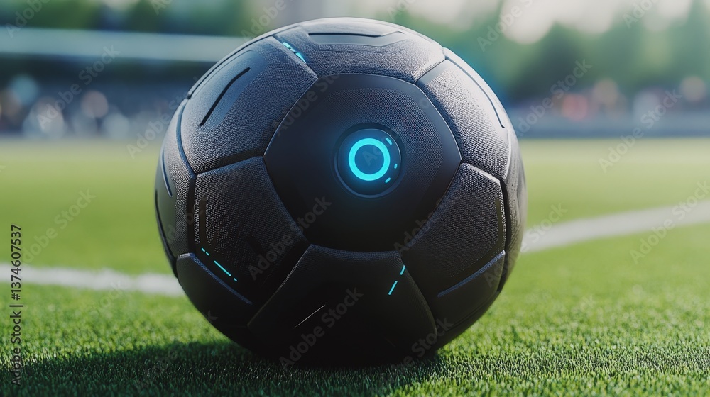 Naklejka premium An innovative futuristic soccer ball rests on green grass