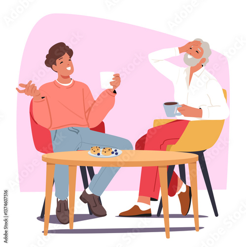 Young guy and mature man talking together while spending time in cafeteria during coffee break
