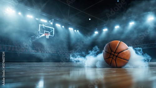 Basketball on court in arena, dramatic lighting and smoke photo