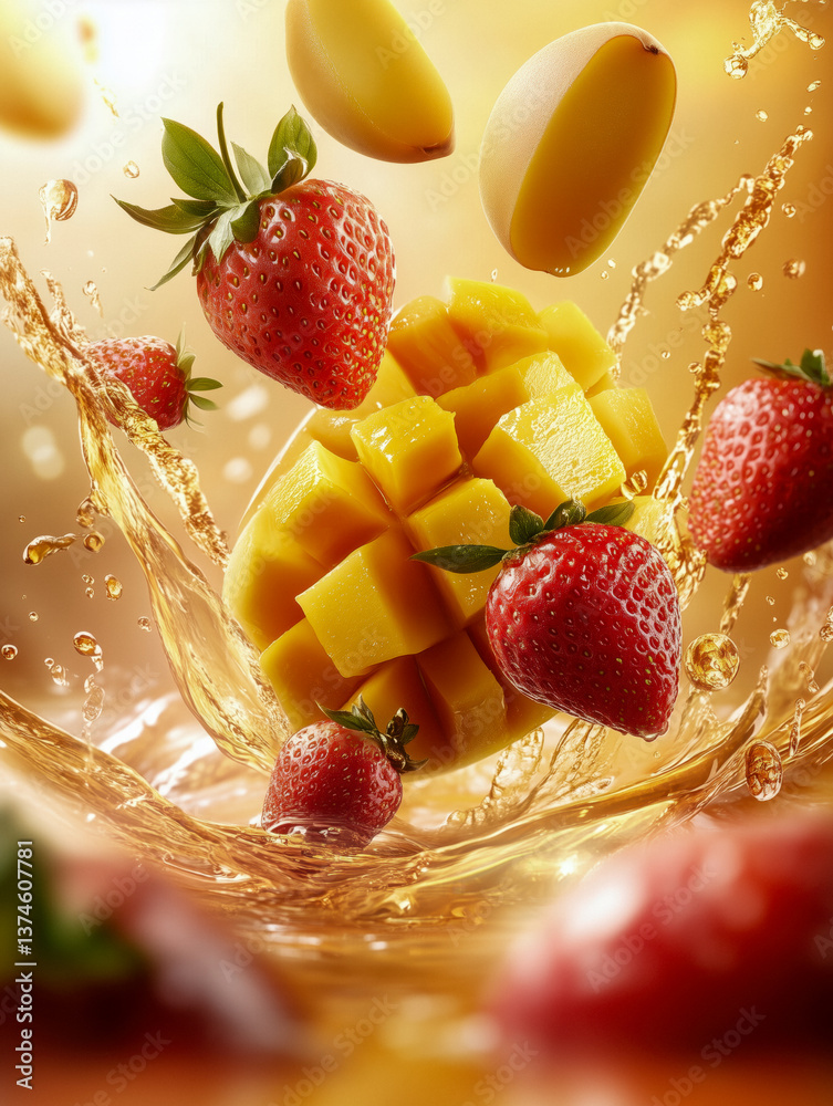 Close-up of a splash of mango and strawberries, with pieces of mango and strawberries floating in the air.