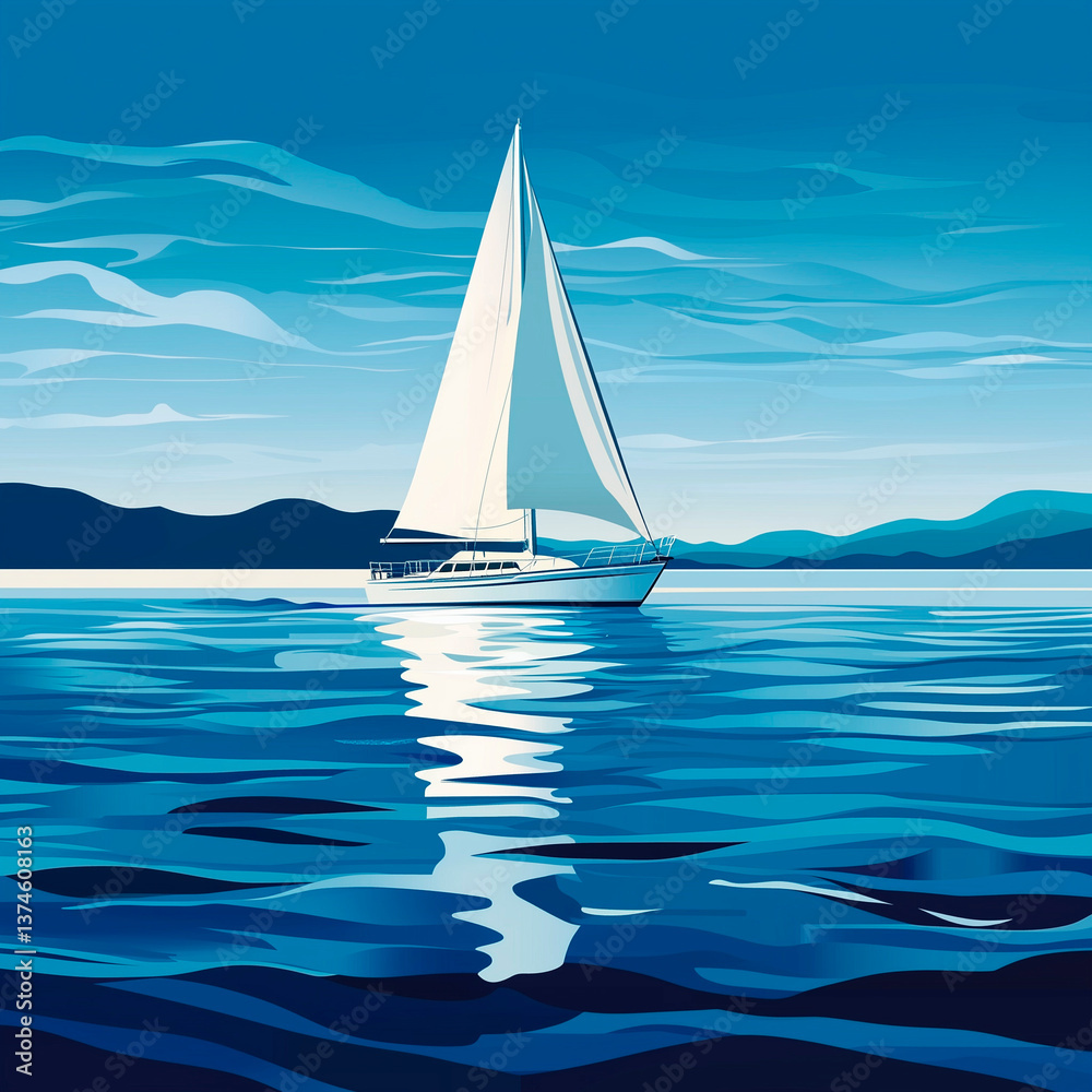 Naklejka premium illustration of a seascape with blue water and a white yacht with a sail sailing on it