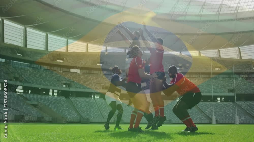 In stadium, rugby players lifting teammate with Brazil flag animation overlay In stadium, rugby players lifting teammate with Brazil flag animation overlay