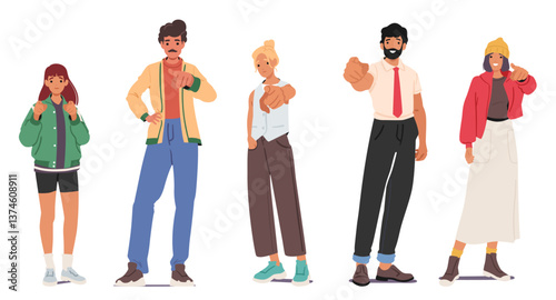 Happy man and woman cartoon characters with pointing forward raised index finger full-length set