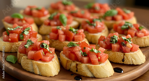 Delicious bruschetta topped with fresh tomatoes and basil on a wooden board