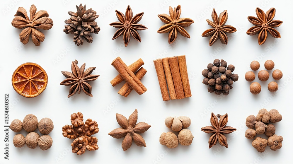 A variety of aromatic spices isolated on a white background, evoking a festive Christmas season, with hints of cinnamon, cloves, and star anise, arranged beautifully. A variety of aromatic spices isolated on a white background, evoking a festive Christmas season, with hints of cinnamon, cloves, and star anise, arranged beautifully.