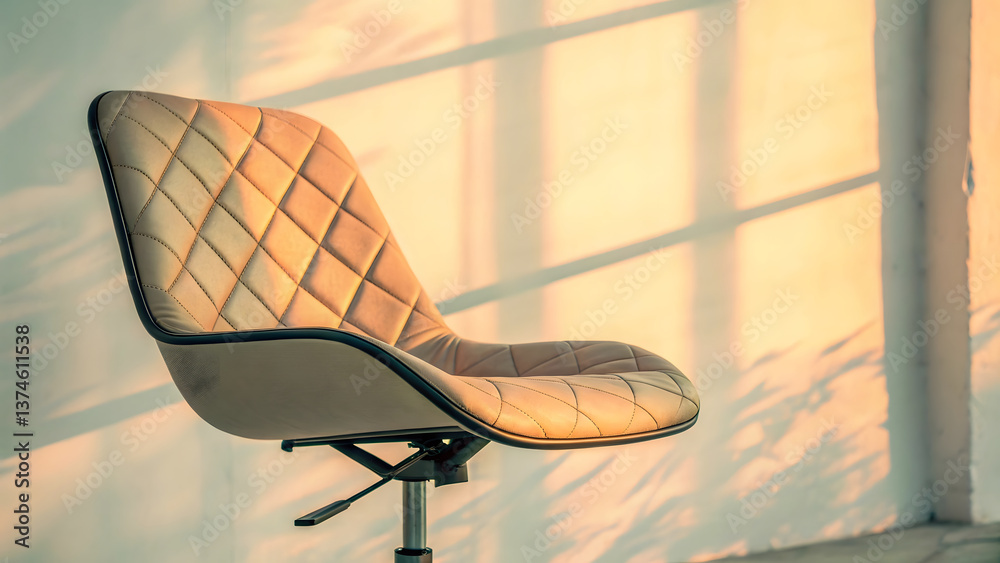Naklejka premium minimalist close up of ergonomic chair with quilted design, bathed in warm sunlight, creating serene atmosphere