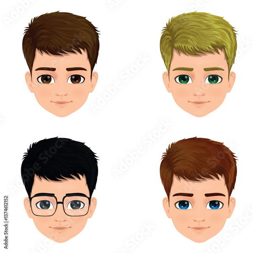young and cute boy head set with different colored hair and eyes
