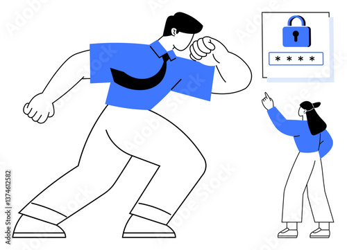 Giant person guarding password entry box as a smaller user interacts, conveying protection and cybersecurity. Ideal for data protection, security, privacy, technology, access control, user safety