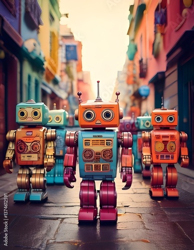 A group of colorful wind-up toy robots marching in sync on a pastel-colored street, gears turning, blinking lights, with a cheerful and playful atmosphere.