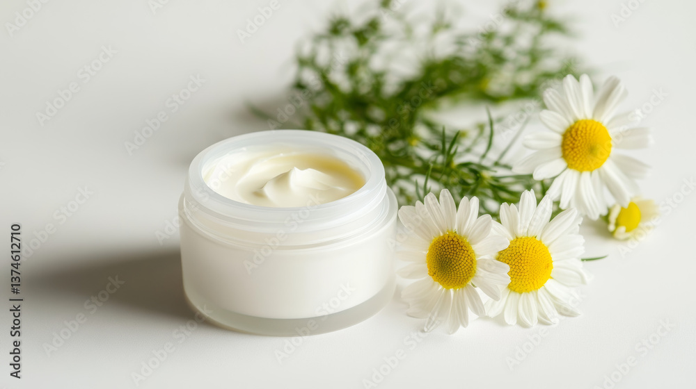 An open plastic container filled with cream sits next to a chamomile flower on a white background An open plastic container filled with cream sits next to a chamomile flower on a white background