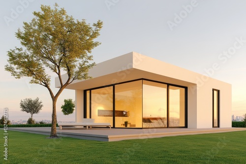 Modern Minimalist House with Large Windows Amidst Greenery at Sunset