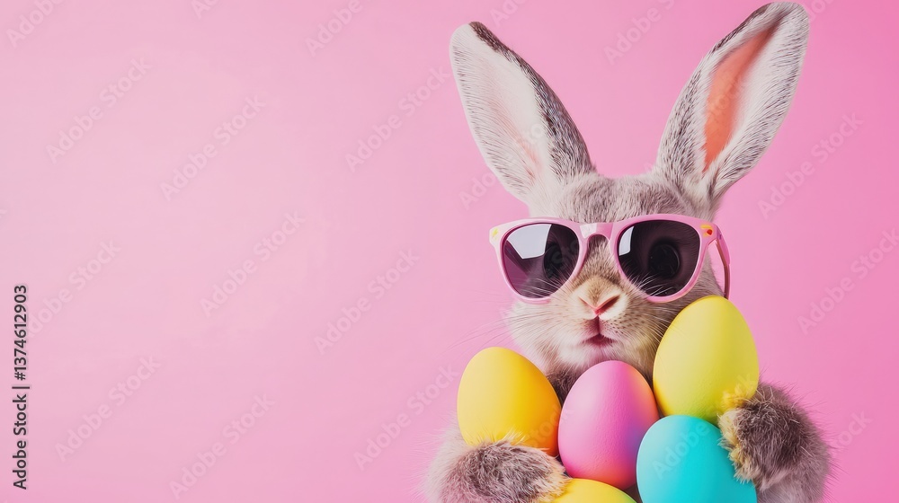 Fototapeta premium Cute Easter bunny in pink sunglasses holding colorful pastel eggs with a soft pink background. Great for Easter cards, spring ads, and festive digital content