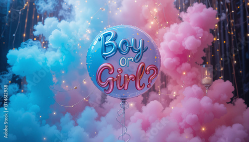 Stylish gender reveal party setup featuring a glossy “Boy or Girl?” balloon framed by pink and blue smoke, fairy lights, and elegant decorations, creating a magical celebration Generative AI