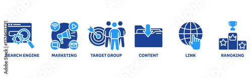 Search Engine Marketing (SEM) icon set illustration concept with icons of search engine, marketing, target group, content, links, ranking
