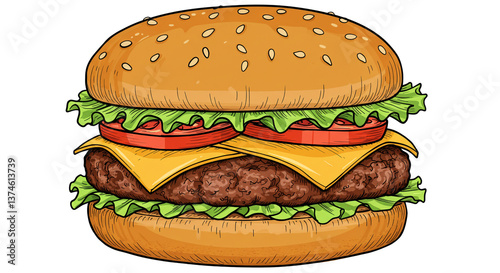 A juicy cheeseburger, the ultimate comfort food, depicted in a vibrant, hand-drawn style with bold lines and rich colors.