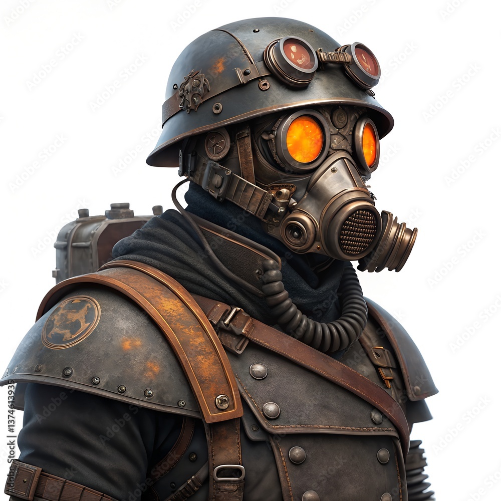 Obraz premium Steampunk soldier in tactical armor with helmet, gas mask, and glowing goggles in a futuristic post-apocalyptic style illustration