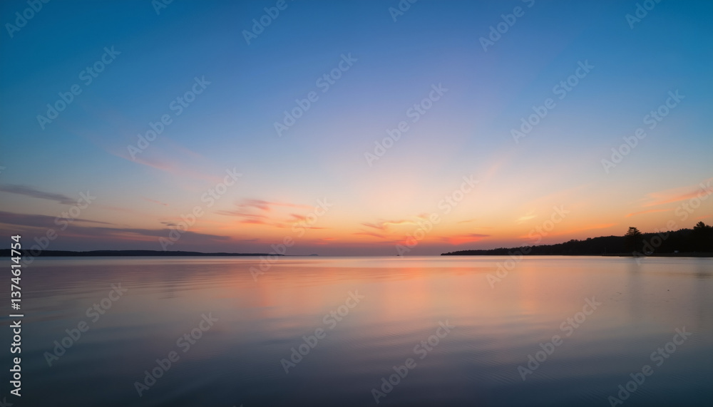 Fototapeta premium Serene sunset reflection over calm lake waters 