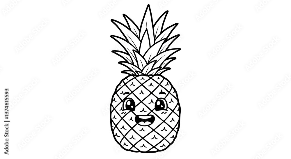 Obraz premium A cheerful pineapple character with a playful grin, radiating sunshine and tropical vibes in a simple line art drawing style.