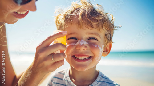 A Caucasian motherâ€™s hand applies sunscreen from a plastic container to her smiling son before sun exposure during a summer beach vacation. Close-up with copy space