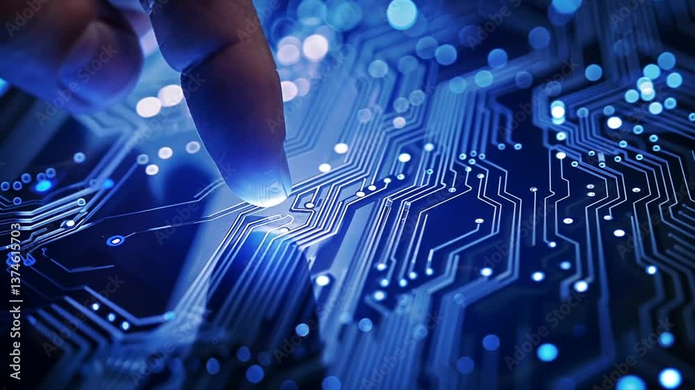Finger tippt auf digitale Leiterplatte