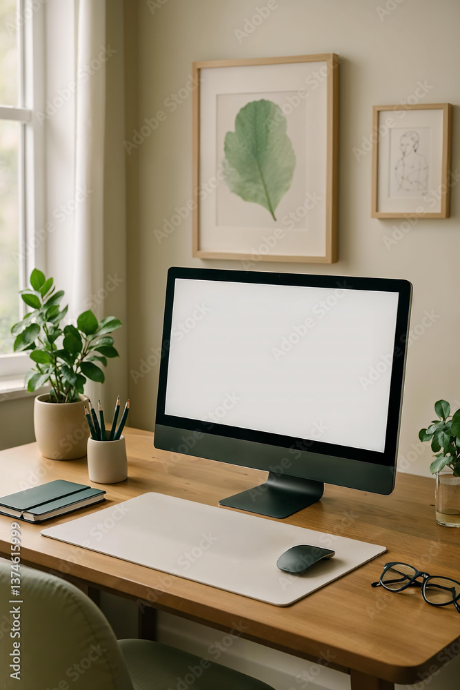 Fototapeta premium Clean Home Office Setup with Computer Mockup Plants