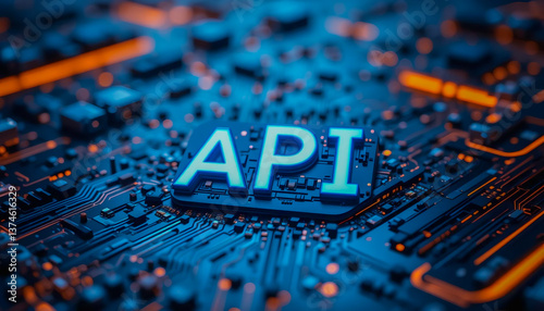 The glowing API heart of digital innovation pulses with vibrant blue energy, embedded within a complex circuit board.