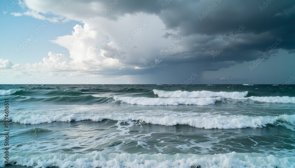 Dramatic ocean waves rolling under stormy sky Dramatic ocean waves rolling under stormy sky