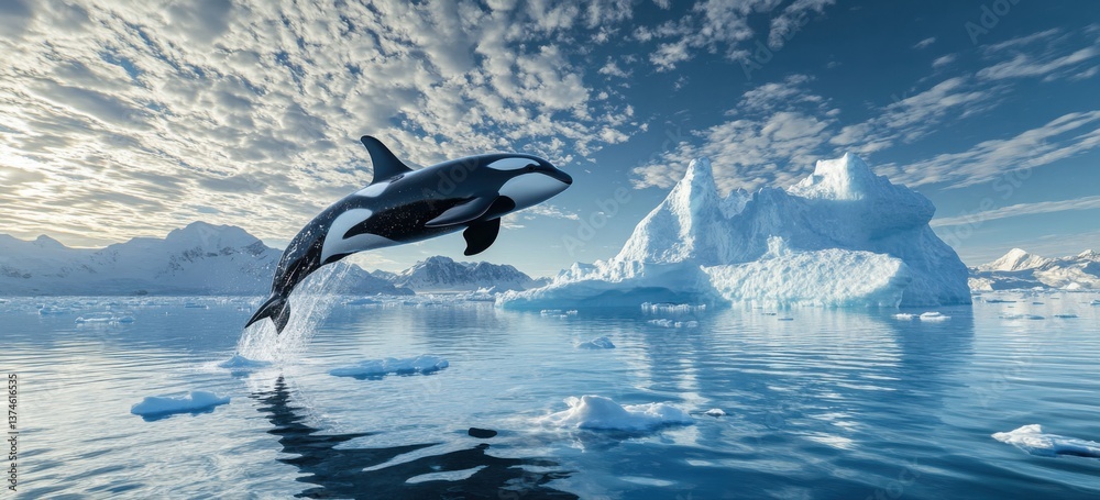 Fototapeta premium Orca whales leaping out in World Oceans Day environmental concept