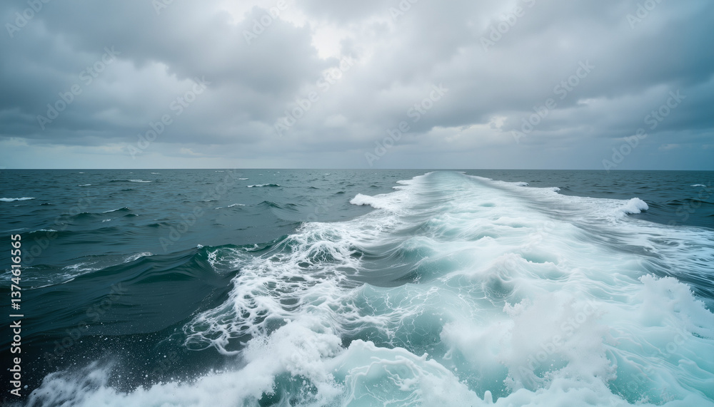 Fototapeta premium Turbulent ocean waves create foam trails against cloudy skies