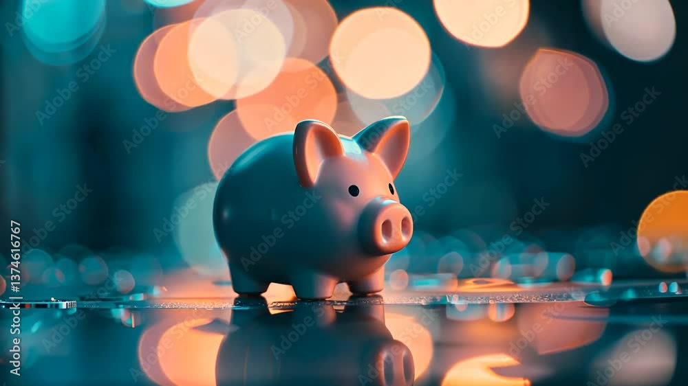 Sparschwein auf Tisch bei Bokeh Licht