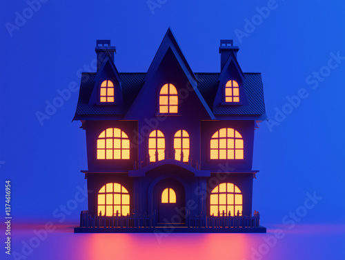 Dark haunted house with multiple windows, 3D illustration