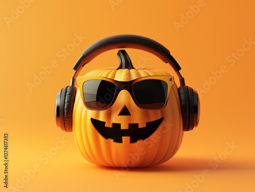 Jack-o'-lantern with headphones on an orange background, 3D render