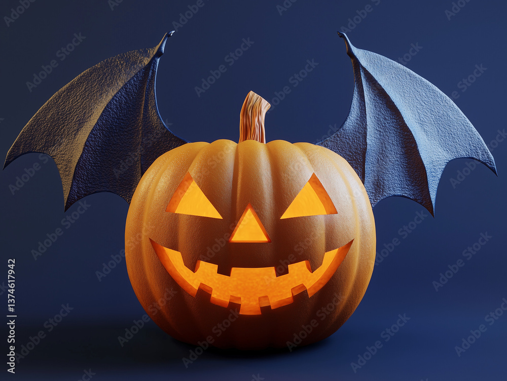 Naklejka premium Carved pumpkin with black bat wings spread wide, 3D render