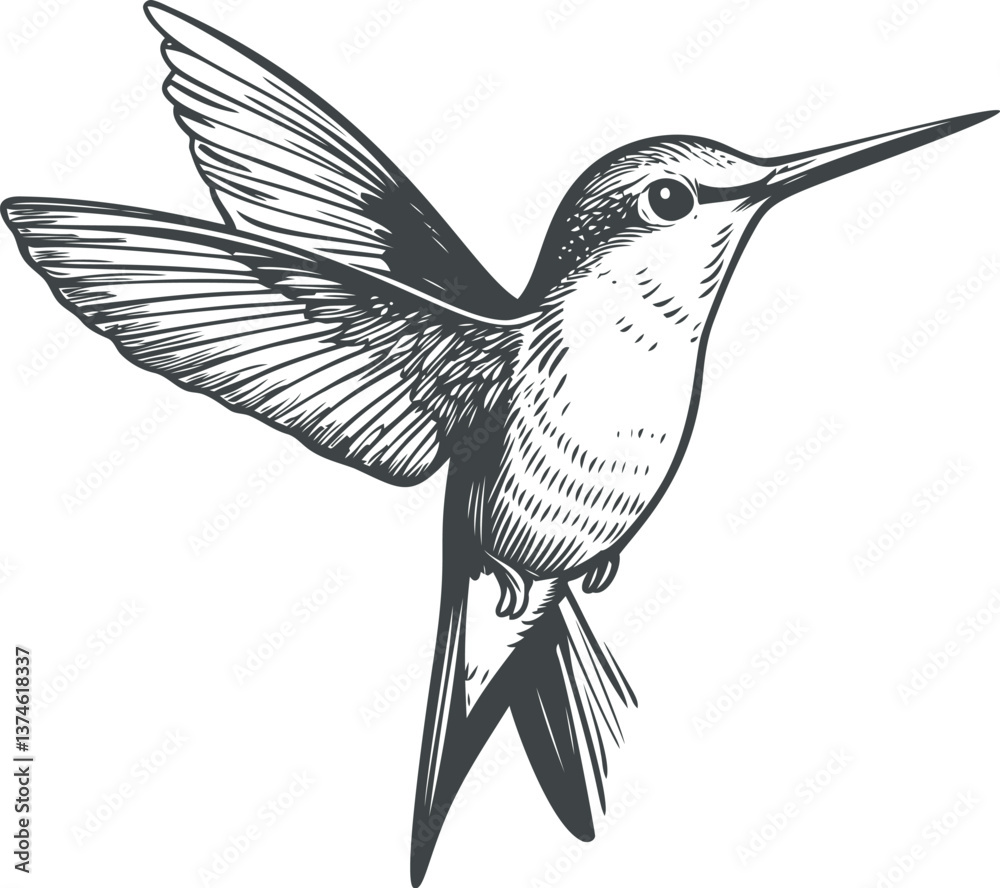 Obraz premium Hummingbird in flight line drawing with detailed feathers, black and white. Vector illustration