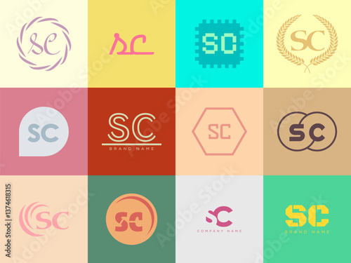 SC logo company template. Letter s and c logotype. Set different classic serif lettering and modern bold text with design elements. Initial font typography.