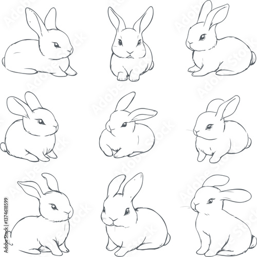 Nine cute bunny sketches in various poses on white background. Vector line art. Vector illustration