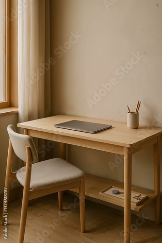 Calm Minimalist Wooden Desk Setup by Window Natural Light
