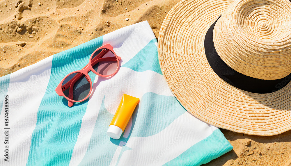 Summer beach essentials with sunglasses, hat, and sunscreen