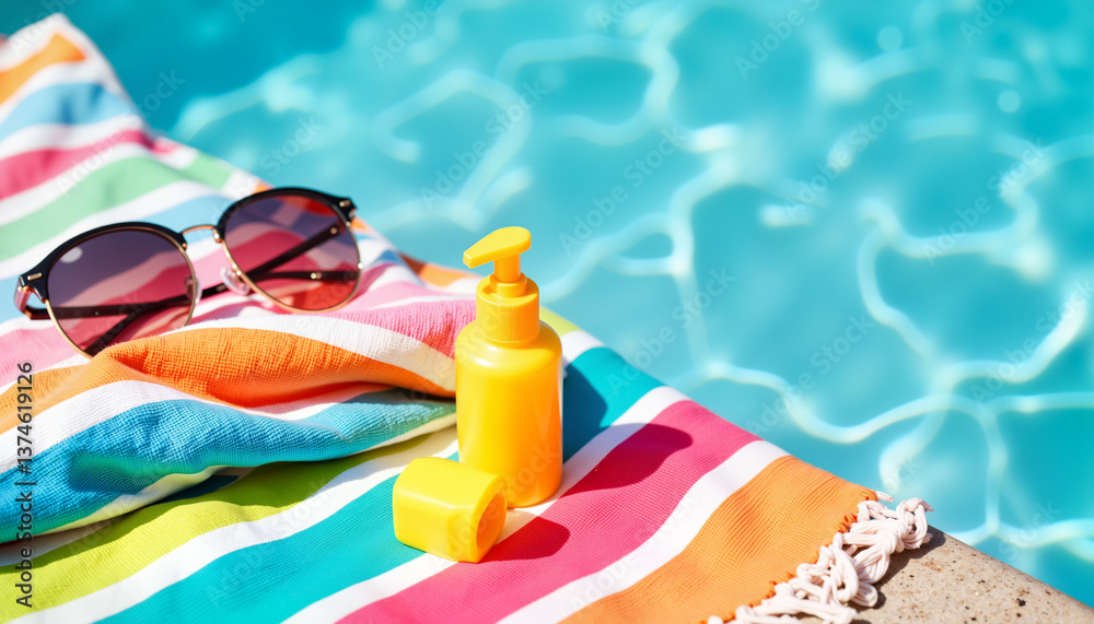Summer essentials relaxing by the pool with sunscreen and sunglasses Summer essentials relaxing by the pool with sunscreen and sunglasses