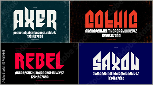 Gothic fonts vector set, vintage sharp cornered geometric typeface collection, strong and heavy alphabet typeset designs, easy to use for logo creation or titles.