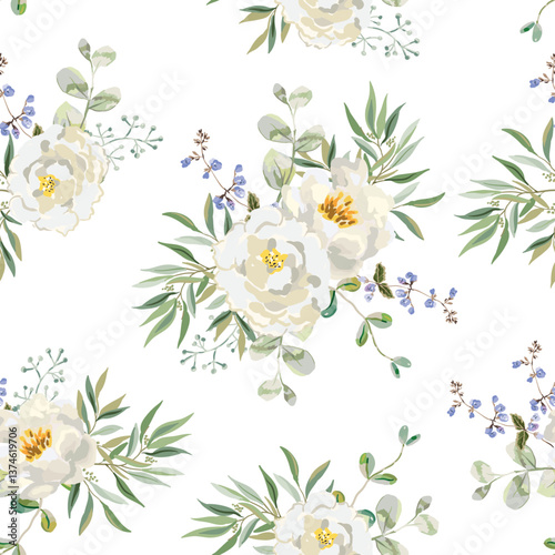 White peony and rose flowers, leaves, white background. Vector floral illustration. Seamless pattern. Summer delicate bouquets. Botanical design