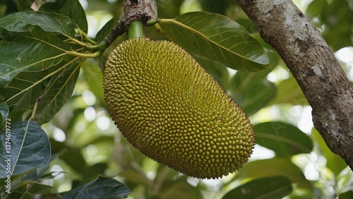 A large green fruit hangs from a tree branch