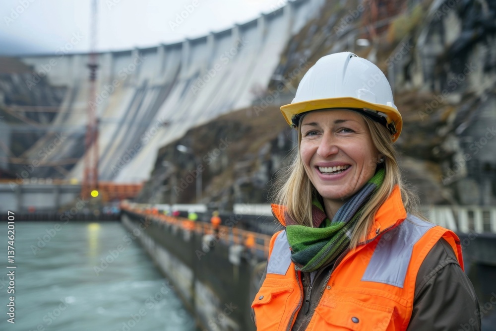 Portrait of a smiling middle aged Caucasian female engineer at hydroelectric plant