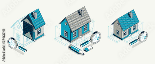 House project concept set, 3D isometric vector illustration of a small house building project, construction architectural model, residential family small house.