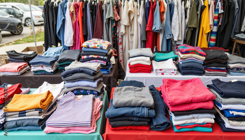 Colorful folded clothing displayed at a market stall   photo