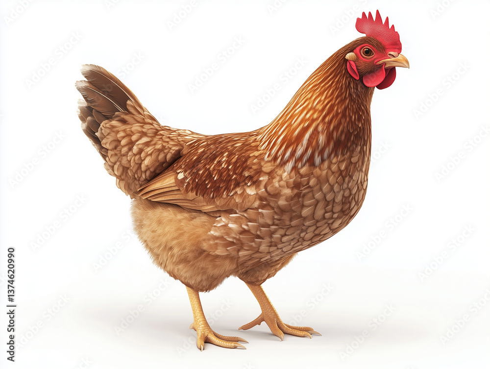 Fototapeta premium Brown hen with red comb, isolated on white background, photo