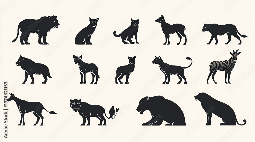 Fototapeta premium Animal Silhouettes - Simple animal silhouettes in various poses, ideal for logos, educational content, and designs requiring minimalist representations of animals.